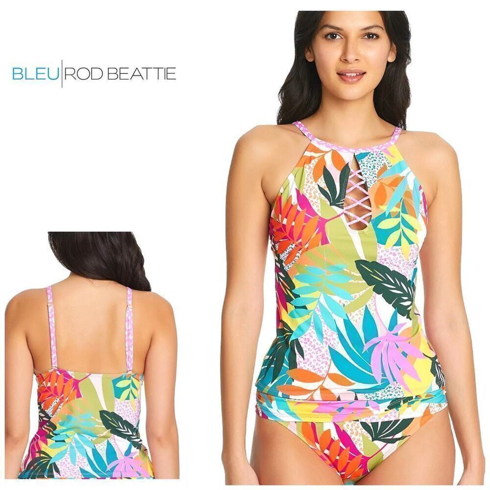 NEW. Bleu Rod Beattie underwire tropical print high neck tankini top. 10. Retail